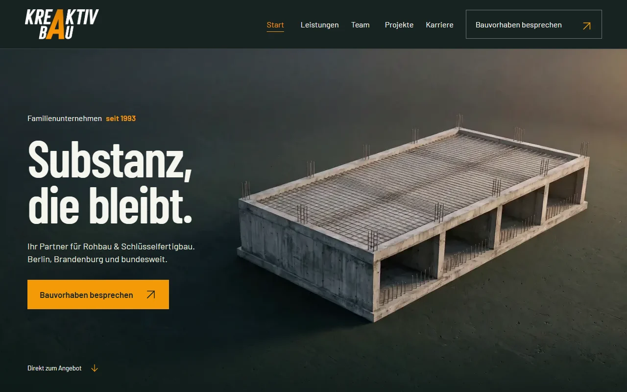 Website von Kreaktiv Bau: Beim Scrollen entsteht aus dem Rohbau ein fertiges Gebäude.